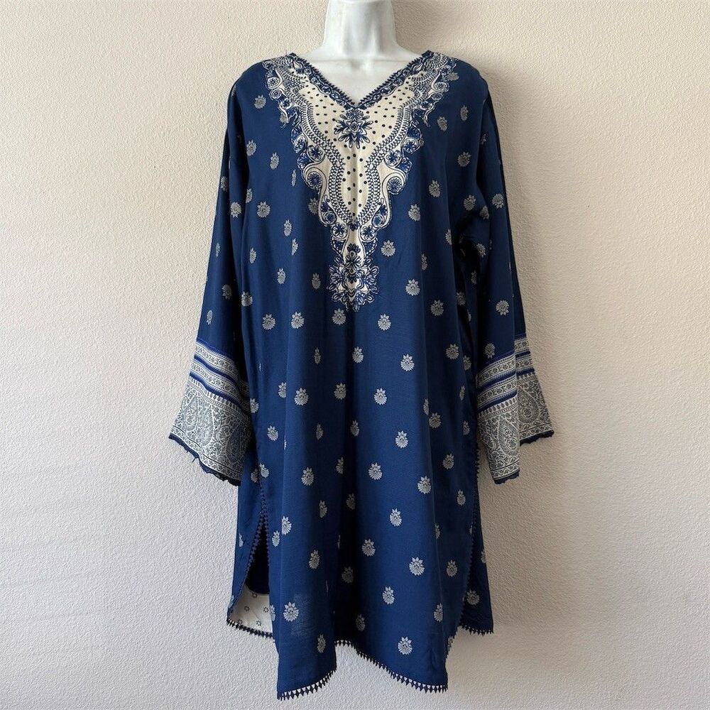 Sana Safinaz Kurta Tunic Dress Women’s M Blue White Embroidered V-Neck Indie